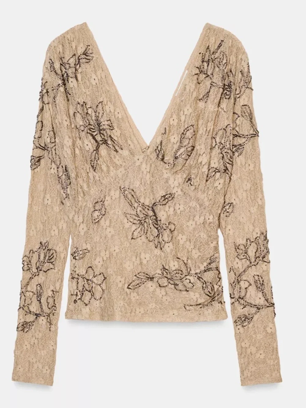 Zara Embroidered Beaded Beige Lace V-Neck Long Sleeve Blouse